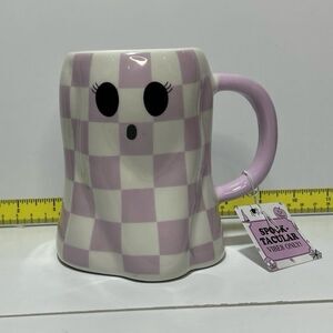 NWT Sunday Morning Ceramics Halloween Pink Plaid Ghost 17oz Coffee Mug